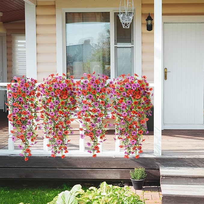 Artificial Hanging Flowers Plants for Outdoor Spring Summer Decoration,2PCS Faux Silk Daisy UV Resistant Look Real for Outside Home Indoor Planter Porch Window Yard Decor(Red Purple)
