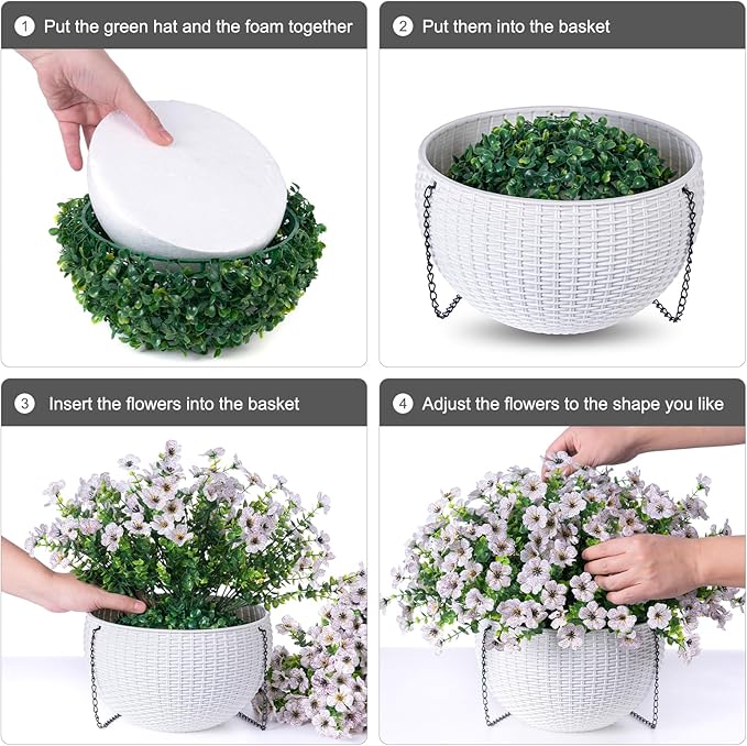 HyeFlora Artificial Fake Hanging White Flowers Plants Basket for Outdoor Outside Fall Winter, Faux Silk Daisy UV Resistant Look Real for Christmas Porch Patio Balcony Home Yard Decoration