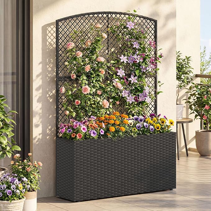 Giantex Raised Garden Bed with Trellis, 58'' Tall PE Rattan Planter Box w/Liner & Drainage, Metal Frame Privacy Screen for Vertical Climbing Plants, Vegetables & Flowers, Patio Balcony Gardening