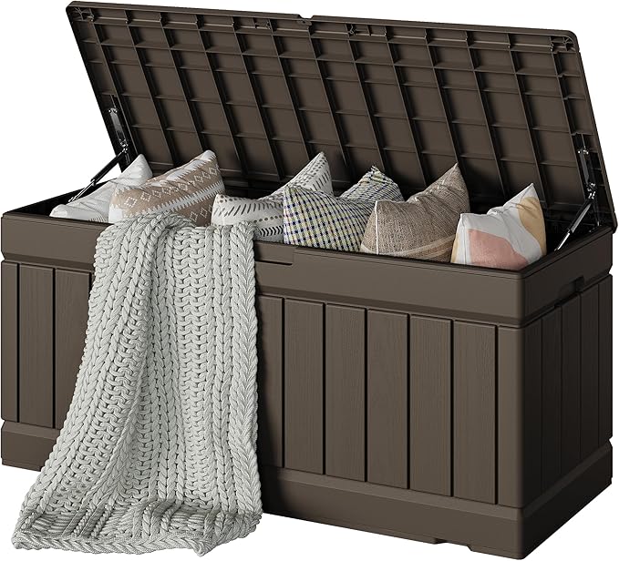 Devoko 78 Gallon Deck Box, Waterproof Resin Outdoor Storage Box for Outside and Patio, Outdoor Storage Bench Lockable for Patio Furniture, Garden Tools and Pool Supplies (Brown, 78 Gallon)