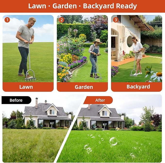 GAINO Manual Lawn Aerator Tool with 15 Spikes, 32"-35" Adjustable T-Handle Aerator for Lawn, Automatic Dirt Ejection Design, Heavy Duty Yard Grass Aerator for Soil Compaction,Gray