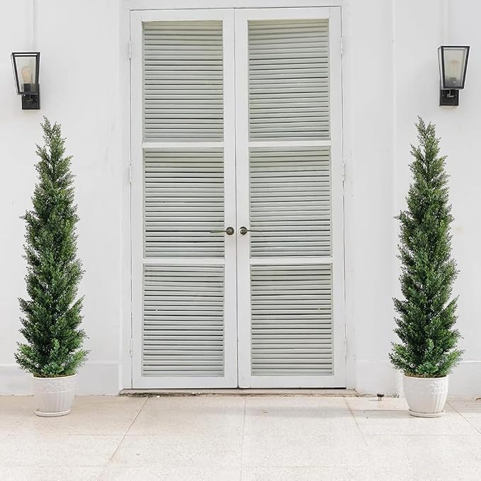 5 Feet Outdoor Artificial Topiary Cedar Tree, Set of 2 UV Resistant Potted Faux Cedar Trees for Outdoors and Indoors, Decorative Fake Shrubs Topiary Trees for Home Living Room Front Door Decor