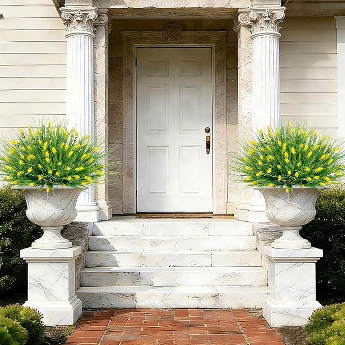 Roberly 24 Bundles Artificial Plants Outdoor, Fake Lavender Flowers UV Resistant Faux Shrubs Plastic Flowers Fake Greenery Plants for Porch Garden Window Box Home Indoor Outdoor Decorations, Yellow