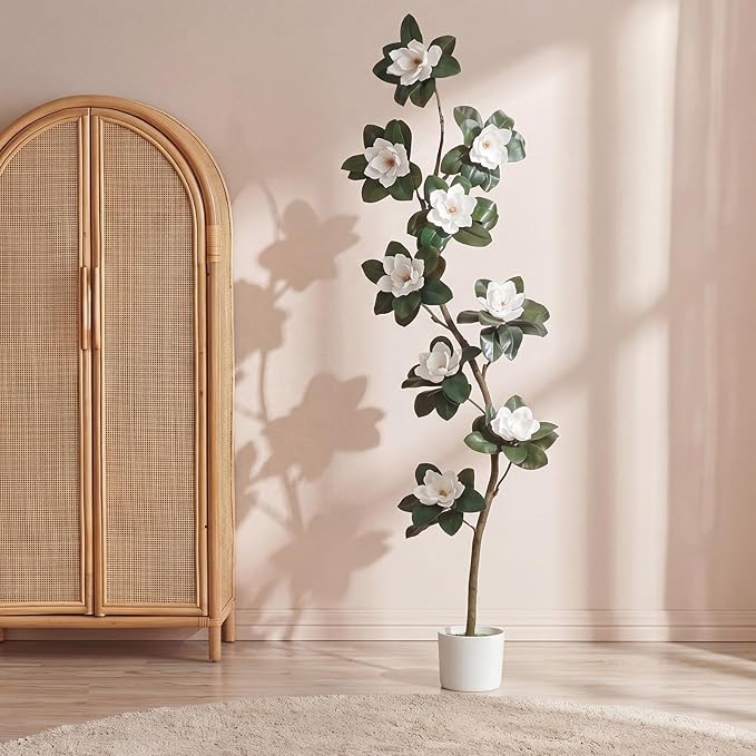 Jexine 7 ft Artificial Rubber Tree with 9 Magnolia Flowers in Pot Extra Tall Faux Magnolia Tree Fake Plant Indoor Floor Plant for Indoor Living Room Office Home Decor