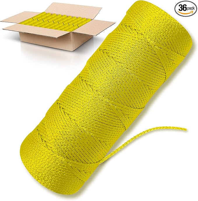 Yellow Mason Line String Line - 36 Roll Pack - #18 Braided Nylon String - 1000 Ft Length Per Roll - Nylon Twine for Gardening Or Masonry Tools - Perfect Construction String for A String Level
