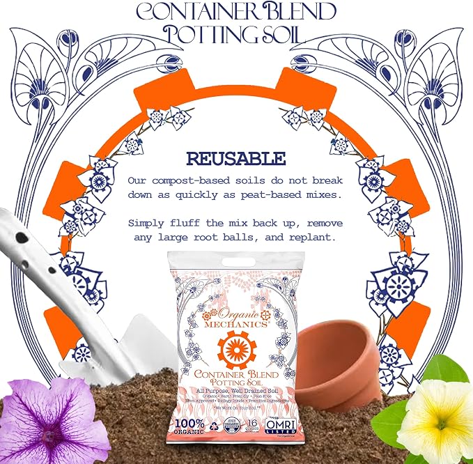Organic Mechanics Container Blend Potting Soil, 16 qt (Pack of 4) All-Purpose, Peat-Free, Well-Drained Blend with Compost, Rice Hulls, and Worm Castings for Growing Annuals, Perennials, Woody Plants