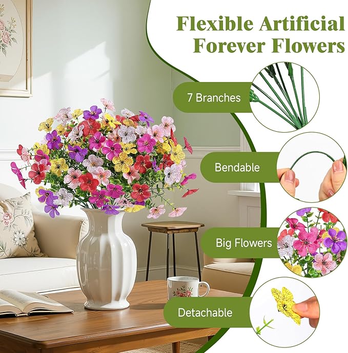 Alupssuc 20 Bundles Artificial Flowers for Outdoor Indoor Decoration, UV Resistant No Fade Fake Plants Eucalyptus, Colorful Faux Spring Flowers for Outside Yard Porch Patio Garden Home Window Box