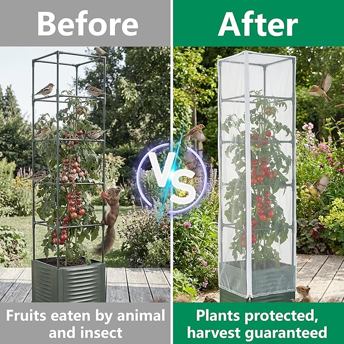 2 Pcs Garden Bird Netting Plant Cover for Square Tomato Cage, 78.7" x 21.6" Insect Bird Barrier Tomato Cage Net with Zipper & Drawstring, Tomato Trellis Netting Protection Cover for Protecting Plants