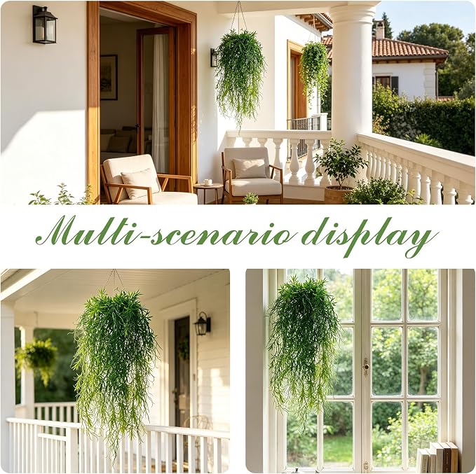 dallisten 4Pcs Fake Hanging Fern Plants for Outdoors, UV Resistant Artificial Ferns Greenery Vines Faux Trailing Plants for Indoor Wall Porch Wedding Boho Home Garden Decor(4PCS Green Ferns)
