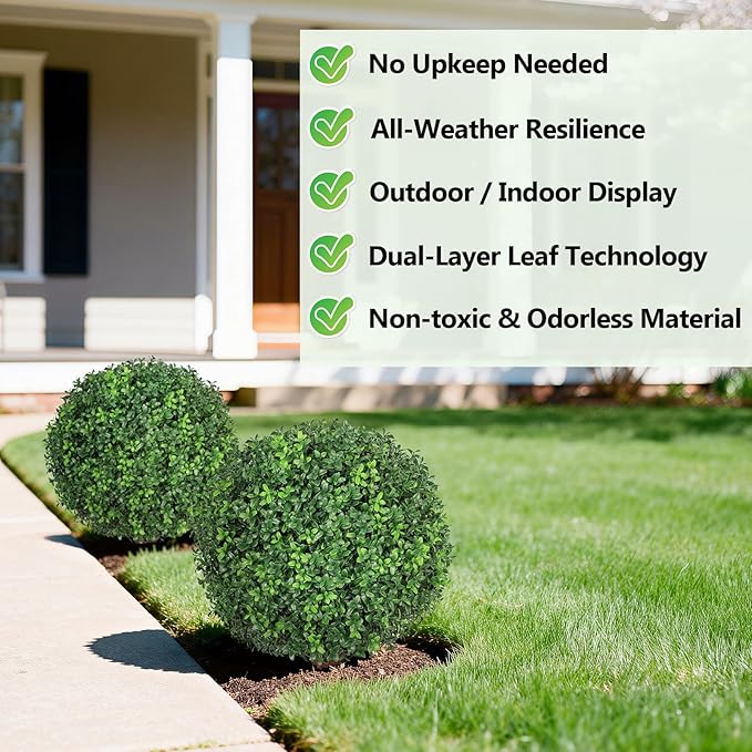 Artificial Boxwood Ball Bush for Outdoors 26 inch Set of 2 UV Resistant Faux Boxwood Ball Trees with Ground Spikes, Fake Boxwood Shrubs for Garden Patio Front Door Balcony