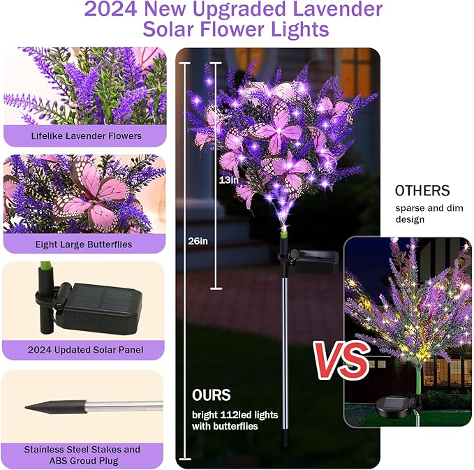 Solar Garden Lights Outdoor, 4 Pack Purple Lavender Solar Butterfly Lights Gardening Gifts for Women,Artificial Flowers Light Purple Halloween Garden Decor for Patio Yard Lawn Christmas