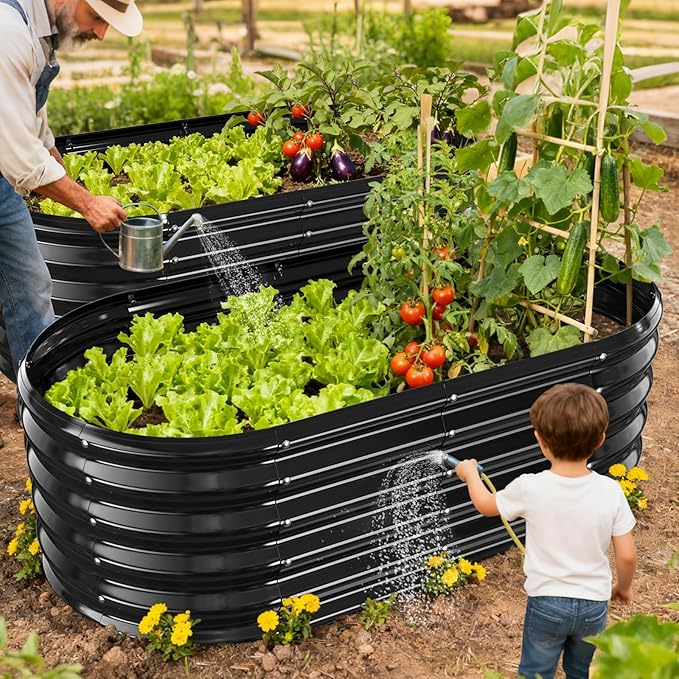 YSEJOMP 17" Tall Outdoor Garden Raised Garden Bed Kits, 4ft X 2ft Oval,0.8MM Thick Metal Raised Planter Bed/Ground Planter Box for Variety of Flowers,Herbs,Vegetables (Black, 48X24X16.5 Inches)