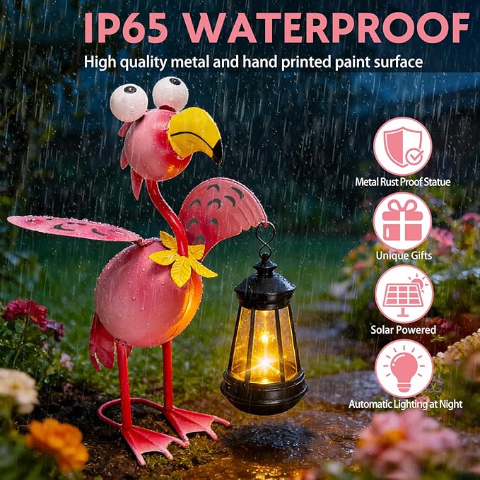 Solar Garden Lights Flamingo Statue with Solar Lantern, Flamingo Decor Fairy Accessories, Mothers Day Birthday Gifts for Women Mom Grandma, Big Metal Decorative Stakes for Home Patio Porch Yard Art