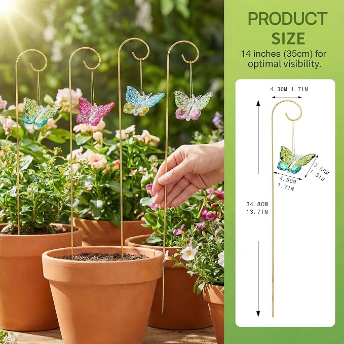 HDCRYSTALGIFTS 4 Pack Blown Glass Butterfly Decorative Garden Stakes,Colorful Butterflies with 13.5'' Tall Gold Plant Stakes for Outdoor Lawn Porch Pathway Patio Plant Pot Flower Bed
