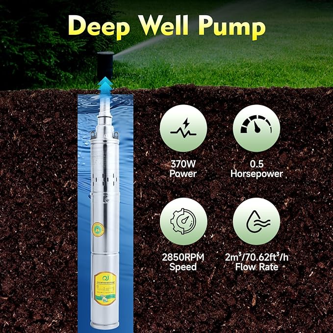 Deep Well Pump DC 24V 370W Deep Well Submersible Solar Water Pump Farm Ranch Irrigation Pumps Kit, Agricultural Irrigation Pump 8.8 GPM Flow, 213ft Lift, 2860 RPM