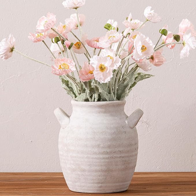 Vanselia Ceramic Flower Vase Home Decor - Farmhouse Table Vases with Handle Living Room Decoration Vintage Decorative Aesthetic for Shelf Coffee Dining Desk House Bookshelf Fireplace (7.1" Rustic)