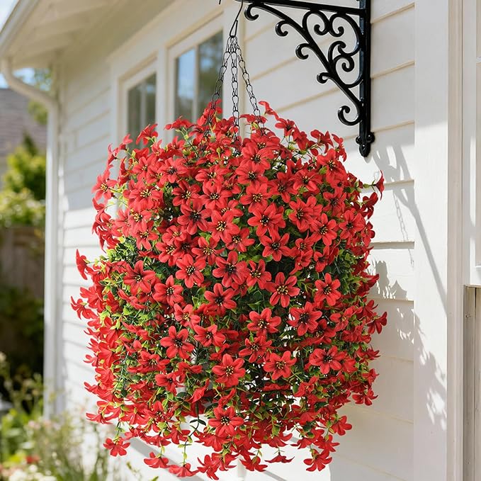 Artificial Hanging Baskets Outdoor, 4 Bundles Artificial Hanging Flowers Outdoors Spring Summer Decoration, No Fade Realistic Fake Hanging Baskets for Porch Patio Balcony Home Yard Decor
