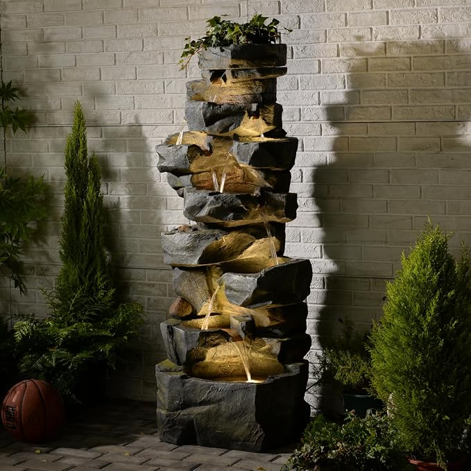 Sunlinua 58" H Outdoor Water Fountain with 7 Tiers New Upgraded Large Cascading Realistic Rock Waterfall Fountains with Lights Outdoor Water Fountain for Garden Patio Backyard Porch Home Decor