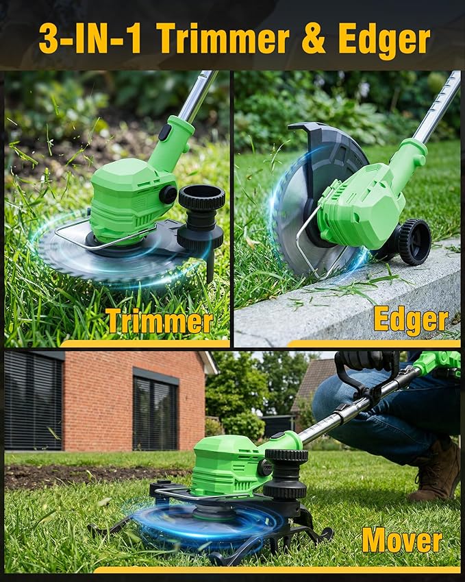 3 in 1 Cordless Weed Wacker, 21V Battery Powered Weed Eater & Brush Cutter, Electric Grass Trimmer/Edger Lawn Tool, 19000RPM Motor, 2 x 2.0Ah Batteries and Charger Included, Eco Friendly Grass Cutter