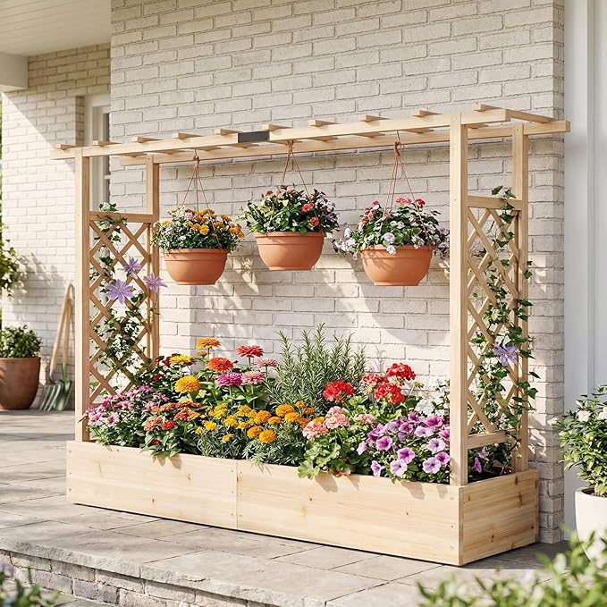 BECOMFORT Raised Garden Bed with Trellis & Hanging Roof, 45" Tall Fir Wood Planter Box with Drainage Holes, Outdoor Elevated Garden Planter for Climbing Vines, Perfect for Patio, Lawn & Backyard