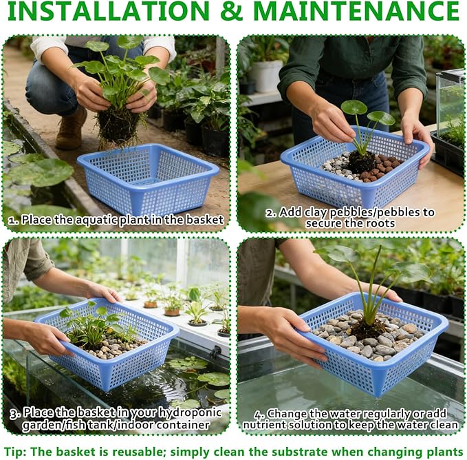 12PCS Aquatic Plant Baskets for Hydroponics Water Garden Plant Pots 10.5 x 10.5 x 3.7 Inch Square Plastic Mesh Basket for Hydroponics Live Aquarium Nursery Grow Botany Flowers