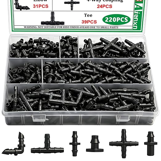 220PCS 1/4" Drip Irrigation Kit Barbed Connectors, Straight Barb, Tee, Single Barb, End Plug, Elbow, 4 Way Coupling Irrigation Fittings for Garden Lawn Flower Pot