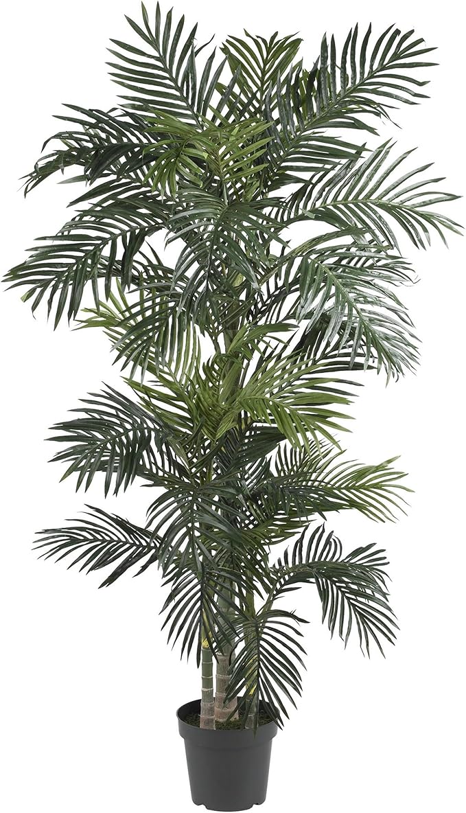 Nearly Natural 6.5ft Artificial Golden Cane Palm Tree, Lifelike Silk Indoor Palm With Three Textured Trunks Flexible Fronds Nursery Planter, Low Maintenance