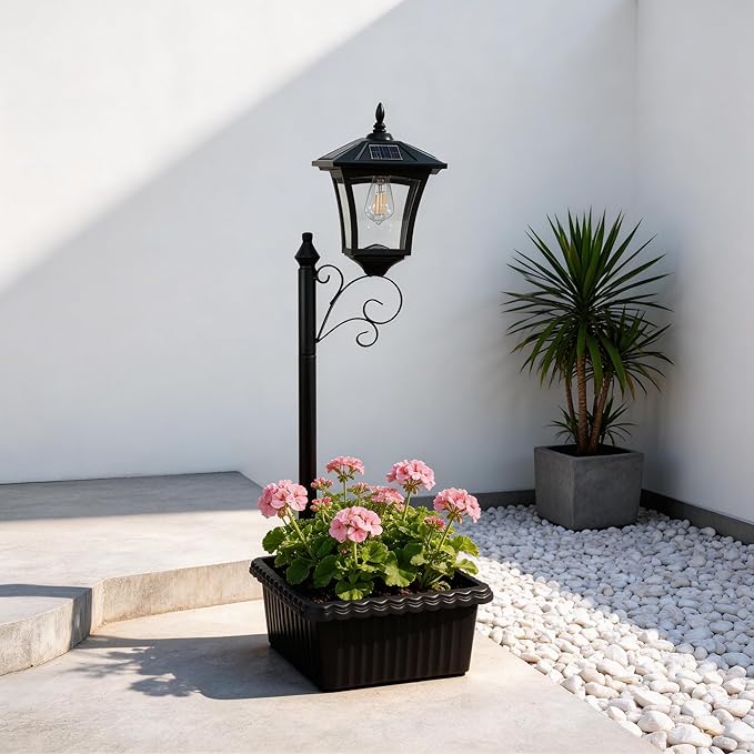 Solar Floor Lamps with Planter (2-in-1 Design), 36.5" Outdoor Solar Lamp Post - IP44 Waterproof, Warm White Lights Dusk to Dawn 6-8Hr, Easy Install for Lawn, Patio, Porch, Yard & Pathway Decor