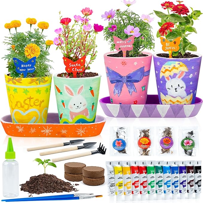 RGBDOT Kids Gardening Set Paint and Plant Stoneware Flower Gardening Kit with 4 Pots Arts and Crafts for Kids Ages 8-12 Best Children’s Day Gift for Girls Boys Ages 5 6 7 8 9 10