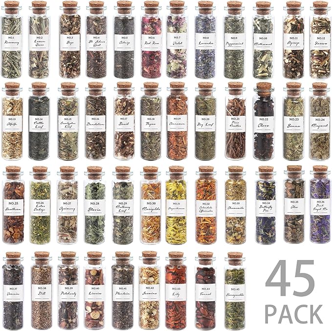 Witchcraft Supplies Herbs - 45 Bottles Dried Herbs Kit for Beginners - Altar Supplies Healing Herbal Natural Herbs Crystal Spoon for Wicca, Pagan Magic Spells and Bath