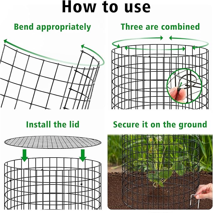 Hi Sasara 3 Sets Wire Plant Protectors Cage,11.8" Dia x 11.8" H,Metal Plant Protector Cage with Round Lids Plant Protector for Keep Rabbits Squirrels Animals Out,Garden Plant Protector with Staples