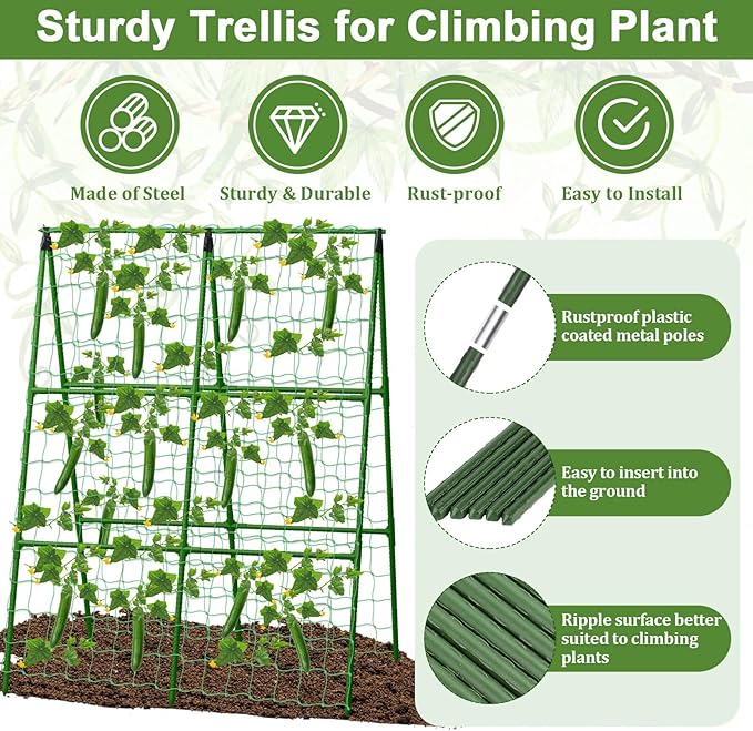 Tidponra Cucumber Trellis for Garden, 34 X 47 Inches A Frame Gardening Trellis with Fabric Raised Garden Bed, Climbing Net and Plant Support Clips for Climbing Plants