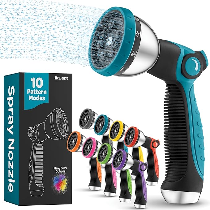 Hose Nozzle [Blue] Heavy Duty Hose Sprayer With 10 Adjustable Watering Patterns. Thumb Control Design, Comfortable Ergonomic Grip, Garden Hose Nozzle for Watering Plants & Lawns/Fun showers/Cleaning