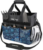 WORKPRO Garden Tool Bag Organizer, Heavy Duty Gardening Tote Bag, 10 Pockets Design with Long Adjustable Shoulder Strap, Standable Garden Home Tool Kits Organizer, Floral Blue (Tools are not Included)