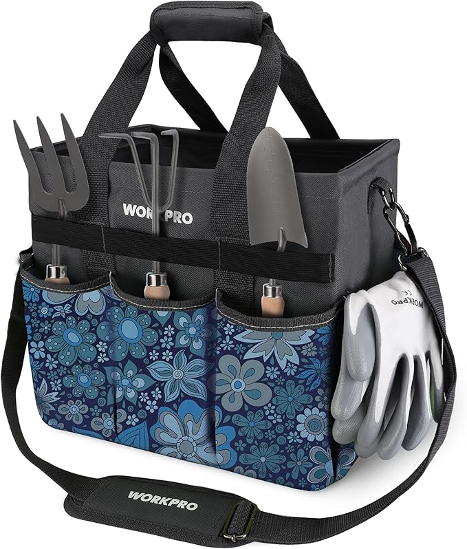 WORKPRO Garden Tool Bag Organizer, Heavy Duty Gardening Tote Bag, 10 Pockets Design with Long Adjustable Shoulder Strap, Standable Garden Home Tool Kits Organizer, Floral Blue (Tools are not Included)
