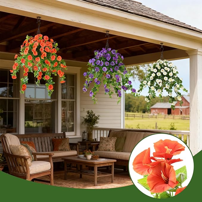 Homsunny Artificial Fake Flowers Plants for Outdoor Decoration, 2PCS Faux Petunias Silk Flower UV Resistant No Fade for Home Outside Garden Balcony Yard Porch Realistic Indoor Decor (Orange)