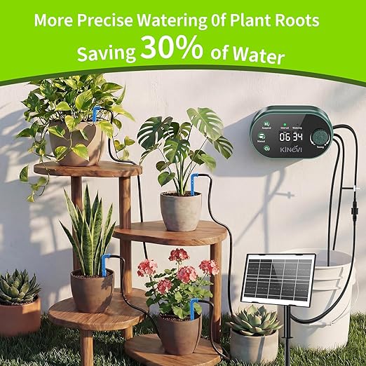 Solar Drip Irrigation System Kit, Auto Watering Kit for 15 Pots, 3W Solar Powered Auto Easy DIY Watering Device, 22 Timing Modes with Anti-Siphoning Device,for Outdoor Garden, Balcony