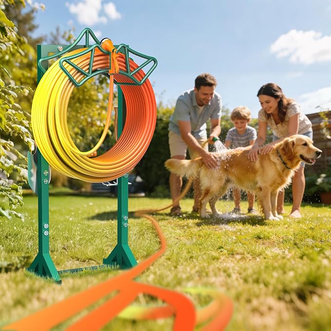 Garden Hose Holder with 2 Tool Hooks, Heavy-Duty Freestanding Hose Holder Holds 160Ft Hoses, Rustproof Freestanding Hose Stand with 4 Spikes Water Hose Hanger Storage Reel Rack for Outside, Yard, Lawn