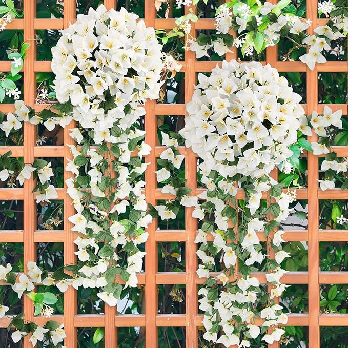 ATTGREAT Artificial Bougainvillea for Outdoors Faux Plants UV Resistant Flowers Fake Plastic Plants Realistic Silk Flowers for Porch Planter Garden Outside Hanging Decoration, 2Pcs (White)