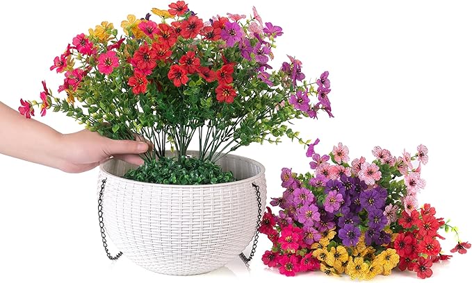 HyeFlora Artificial Faux Hanging Flowers Plants Basket for Outdoor Outside Decoration, Fake Silk Colorful Daisy in Planter for Porch Patio Garden Yard Home