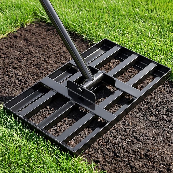 Lawn Leveling Rake 17x10 inch, Heavy Duty Ground Leveler for Soil, Sand, Effortless Smooth Use & Easy Assembly Stainless Steel Landscape Rake for Backyard, Garden, Golf Course, Black