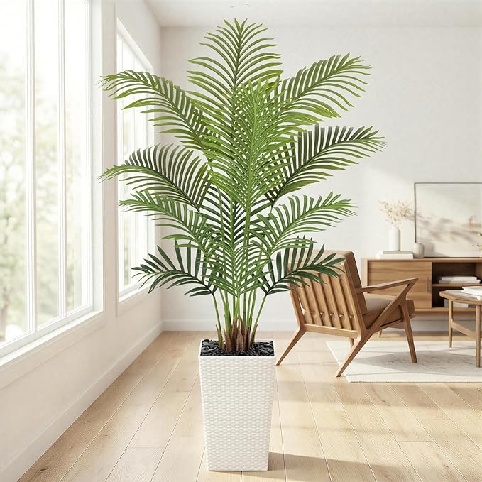5ft Artificial Palm Tree with White Planter - Tall Fake Palm Tree Indoor Fake Tropical Plant for Home Office Living Room Bedroom Modern Decor