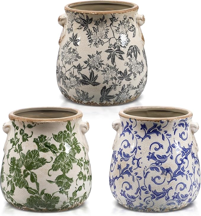 3 Pcs Ceramic Pots for Plants - 6.3 in Vintage Scroll Plant Pots with Drainage Hole Crackle Glaze Ceramic Planters for Home, Garden, Kitchen