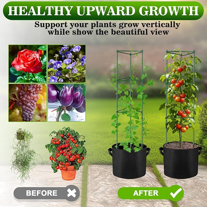 NNG 6 Packs 48 inches Tomato Cages with 10 Gallon Grow Bags,Garden Plant Support Cages,Plant Tower Stakes Garden Trellis for Climbing Plants,Tomato Plant Trellis for Vegetable Fruits Vines