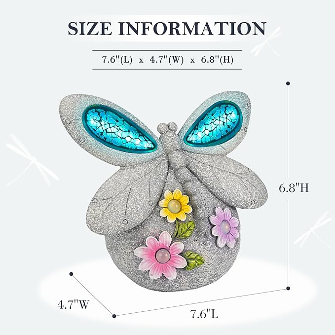 Solar Dragonfly Garden Decor with Cracked Glass Wings, Outdoor Resin Dragonfly Statue with Solar Light for Patio, Lawn, Yard Ornament Eco-Friendly Housewarming Gift for Women