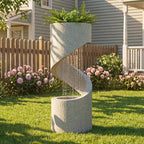 Glitzhome Outdoor Water Fountain with LED Light, Decorative Tiered Curved Waterfall Fountain with Stone Planter, Faux Terrazzo Spiral Shaped Outdoor Fountains for Garden Deck Patio Porch, 31.25”H