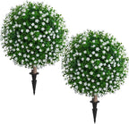 Artificial Lotus Topiary Ball Trees for Outdoor Set of 2 Fake Plant Bushes with Ground Spike UV Resistant Faux Shrubs for for Garden Front Porch, White