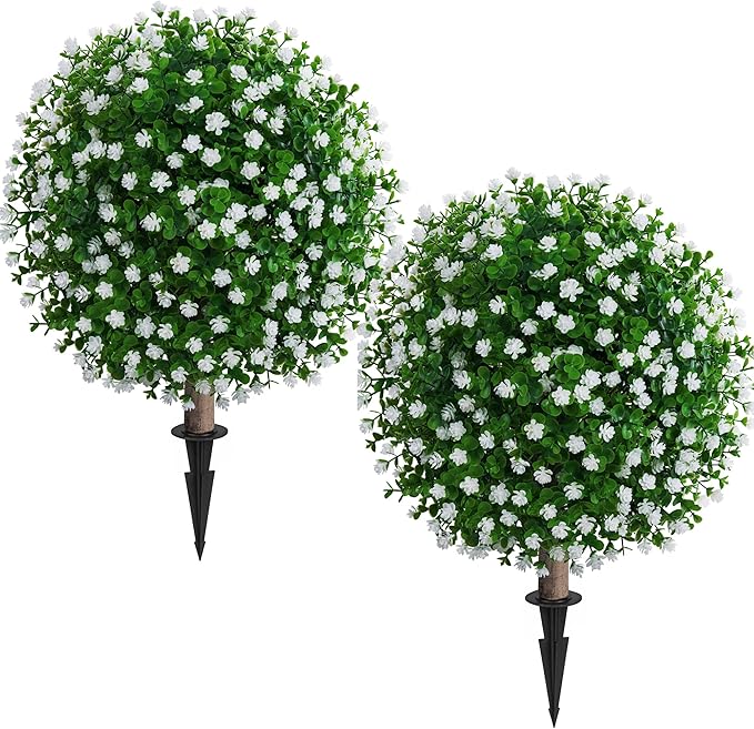 Artificial Lotus Topiary Ball Trees for Outdoor Set of 2 Fake Plant Bushes with Ground Spike UV Resistant Faux Shrubs for for Garden Front Porch, White