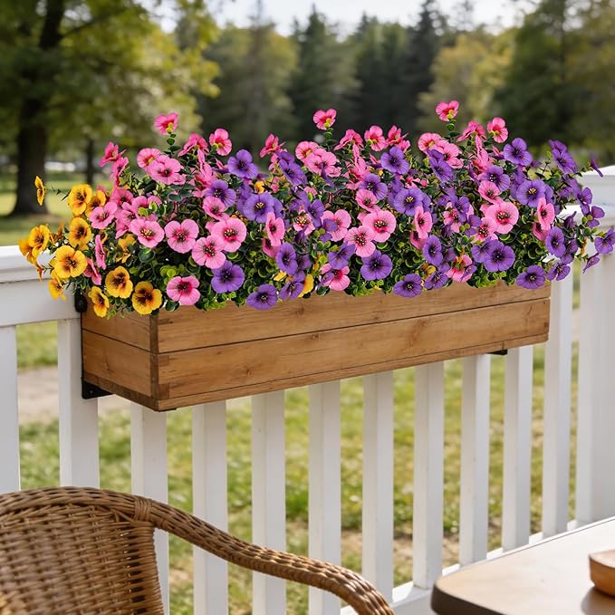 17 Inch Artificial Faux Pansy Flowers for Outdoor,Fake Pansies Flowers with Eucalyptus Leaves Fake Plants Greenery Boxwood Porch Patio Decor 6 Bundles(Light Purple,Pink,Dark Yellow)