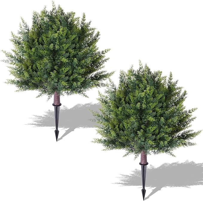 2 Pack Artificial Urn Filler, Artificial Cypress Topiary Shrubs, UV-Resistant Evergreen Plants, Indoor/Outdoor Decoration, Suitable for porches, courtyards, Gardens, and Flower beds